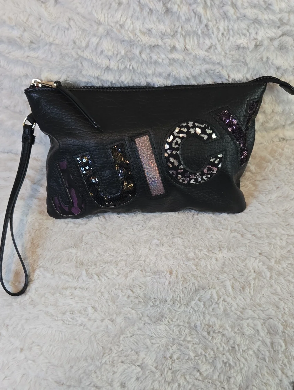 Juicy Couture Black Sequin Logo Wristlet with Purple Accents EUC